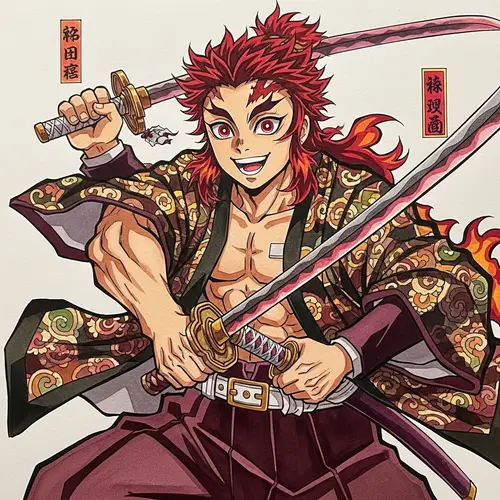 Dynamic Anime Swordsman with Flame Red Hair and Muscular Build