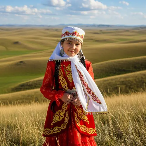 Kazakh Girl in Traditional Attire for Nauryz Celebration
