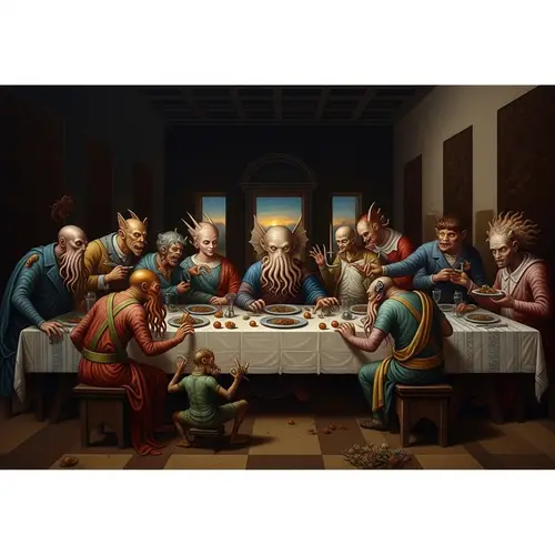 Renaissance-inspired Cthulhu Mythos Oil Painting Depicting Eerie Dinner Scene