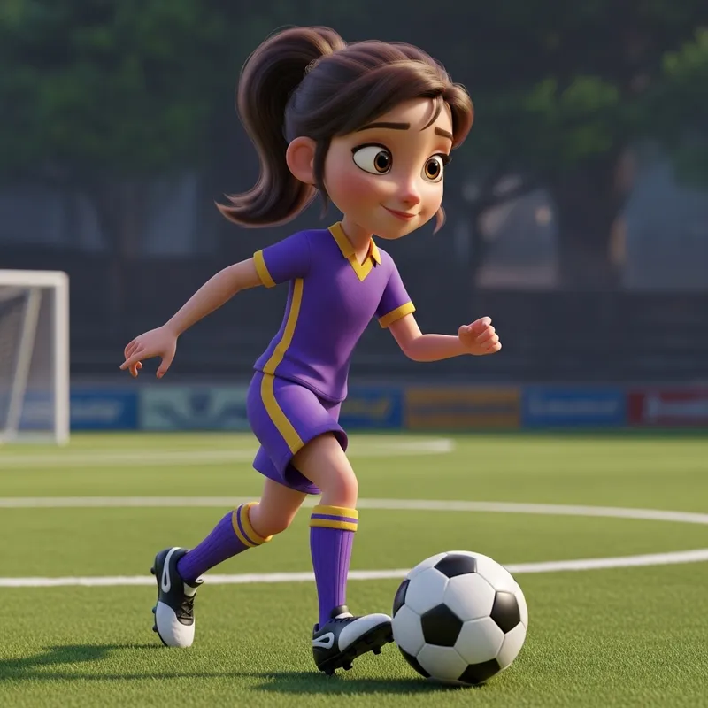 Adorable Caucasian Girl Playing Soccer in Purple & Gold Attire