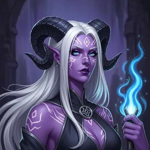 Female Tiefling Warlock with Purple Skin and White Hair