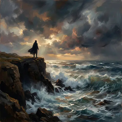 Solitary Figure atop Rugged Cliff by Tempestuous Sea