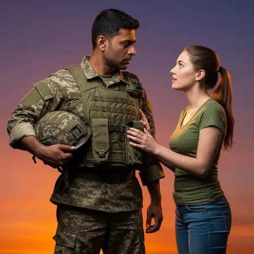 Military Soldier and Civilian Encounter | Sunset Scene