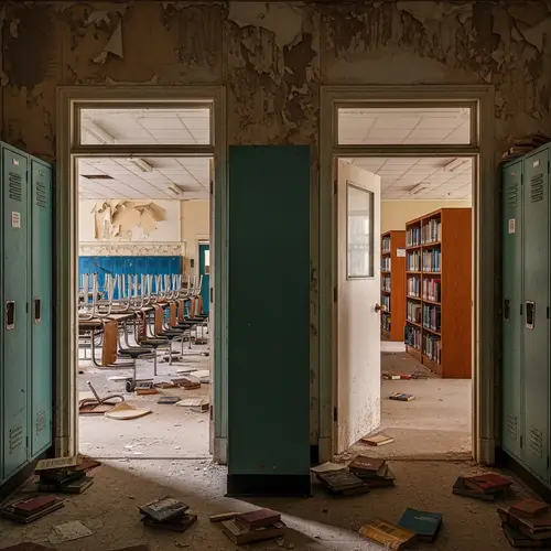 Abandoned School Hallway with Old Lockers and Scattered Books