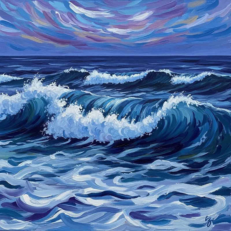 Impressionistic Ocean Waves Painting - Twilight Seascape