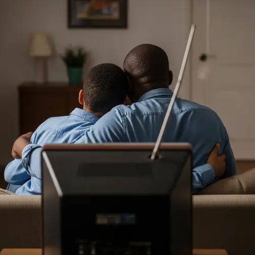 Heartwarming Scene of African-American Father and Son Watching TV