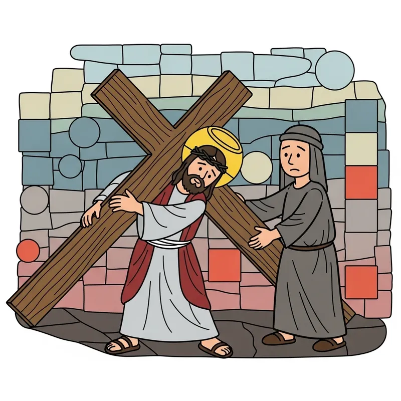Cartoon Mosaic Art: Person Aiding Jesus with Cross | Geometric Shapes