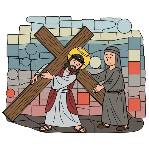 Cartoon Mosaic Art: Helping Jesus Carry Cross | Geometric Design