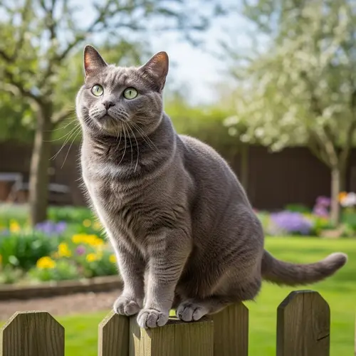 Domestic Short-Haired Cat on Wooden Fence in Sunny Garden