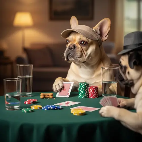 Yellow French Bulldog Cheating Playing Poker