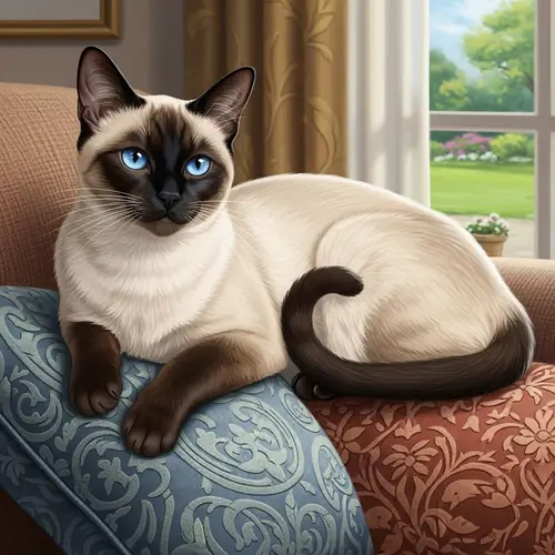 Beautiful Siamese Cat on Plush Sofa - Elegant Feline Relaxing