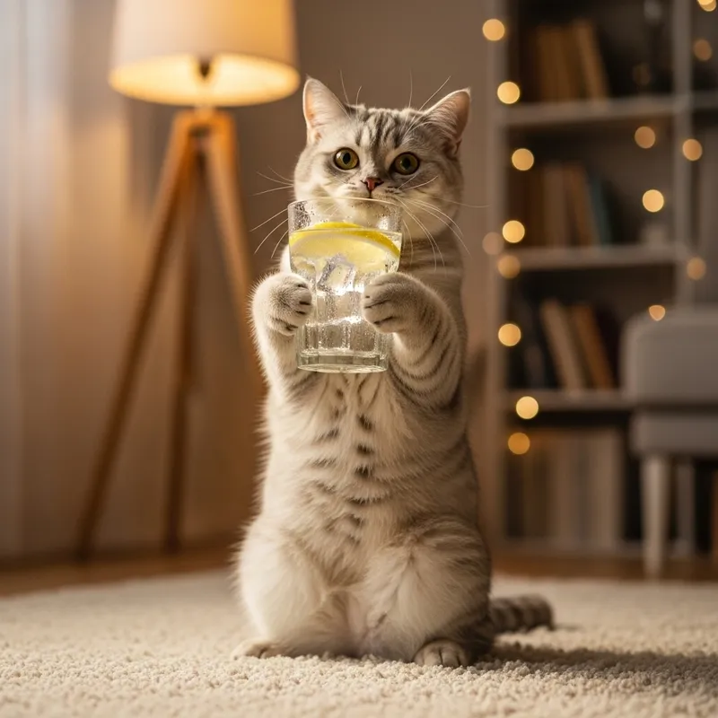 Adorable Cat Holding Glass of Water
