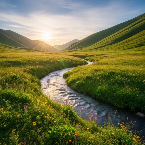Tranquil Valley: Serene Stream & Verdant Flora