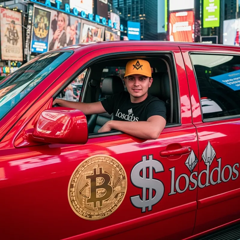 Young Man Driving Red Car with Bitcoin and Dollar Logos in Cityscape Young Man Driving Red Car with Bitcoin and Dollar Logos in Cityscape