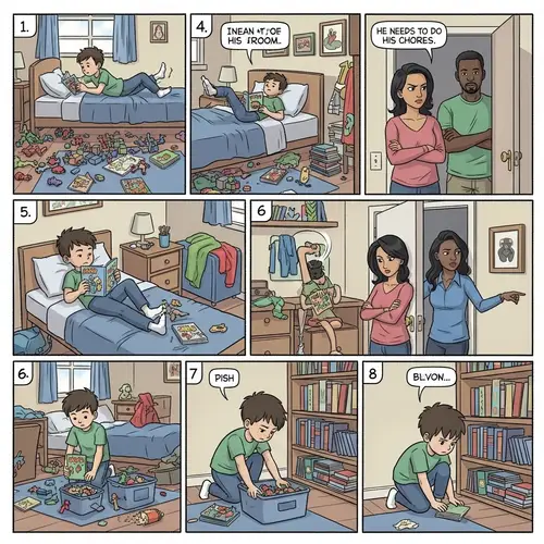 Lazy Boy Learns Responsibility: 8-Panel Comic Strip Story