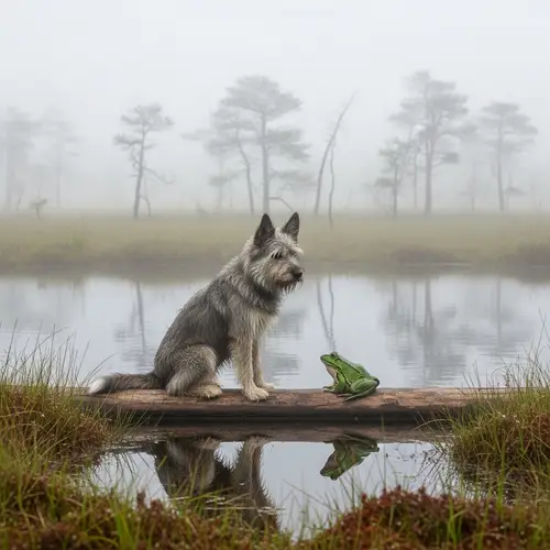 Misty Marshland Clipart: Dog and Frog on Floating Log