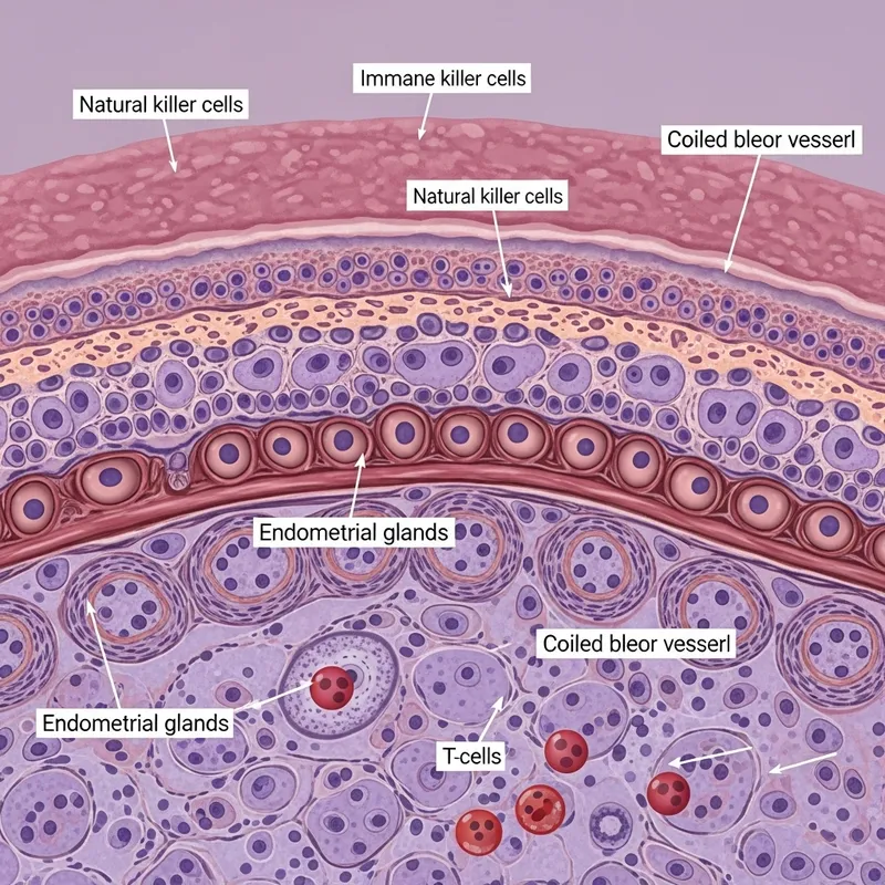 Detailed Endometrial Tissue Cross-Section: Cells & Immune Components Detailed Endometrial Tissue Cross-Section: Cells & Immune Components