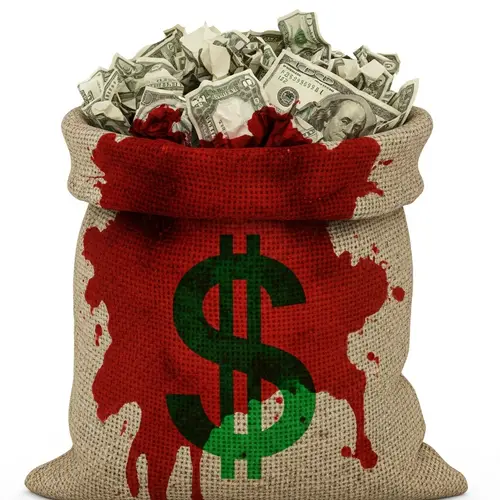 Blood-Stained Dollars: Disturbing Image of Currency in Burlap Bag