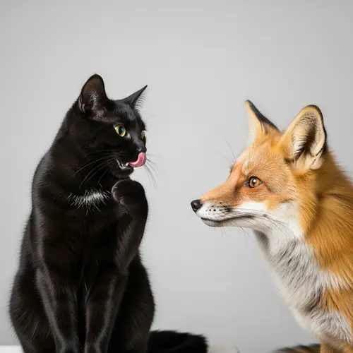 Mischievous Black Cat Sticking Out Tongue Next to Intrigued Red Fox