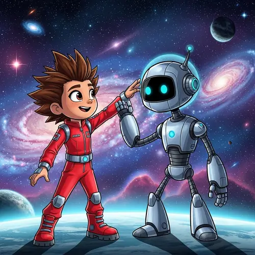 Cartoon Girl in Red Jumpsuit Interacting with AI Robot in Cosmic Space