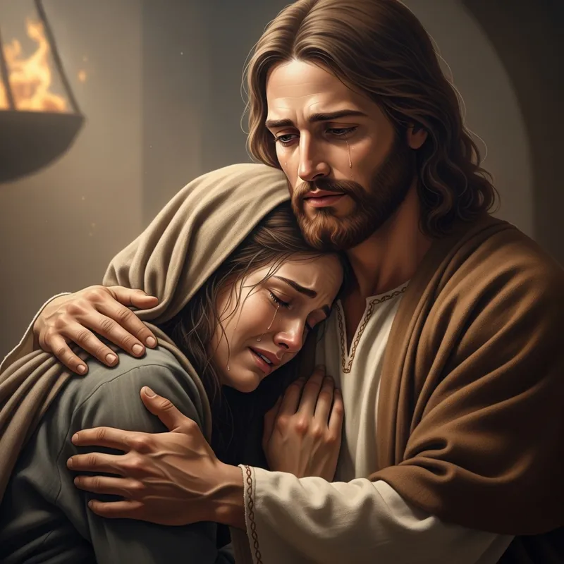 Jesus Embracing a Crying Woman - Comforting Moment