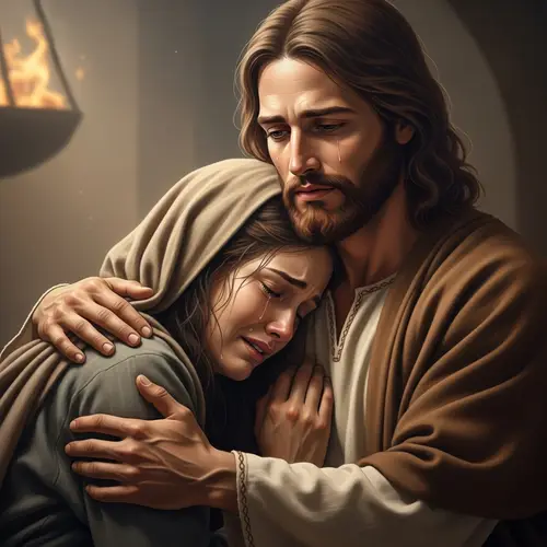Jesus Christ Embracing a Crying Woman