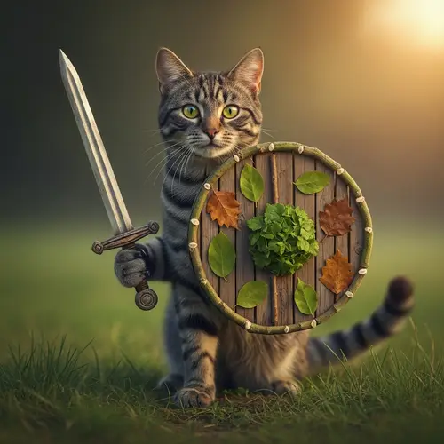 Adventure Cat with Wooden Sword and Shield - Brave Feline Warrior