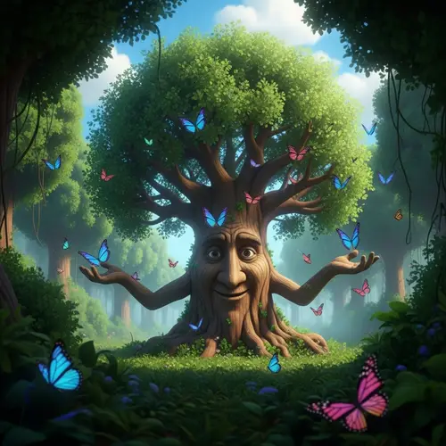 Whimsical Animated Tree with Butterflies in Forest