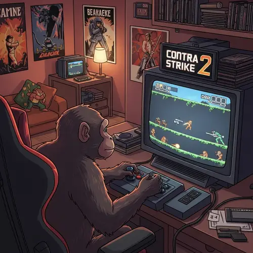 Monkey Playing Contra Strike 2: Retro Gaming Scene