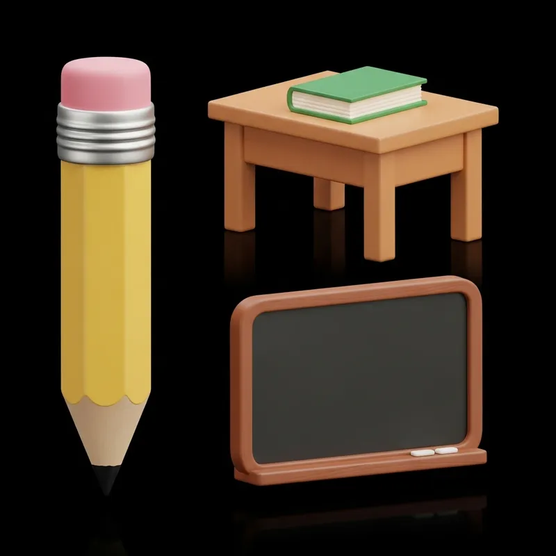 3D Education Icon Set: Pencil, Desk & Blackboard