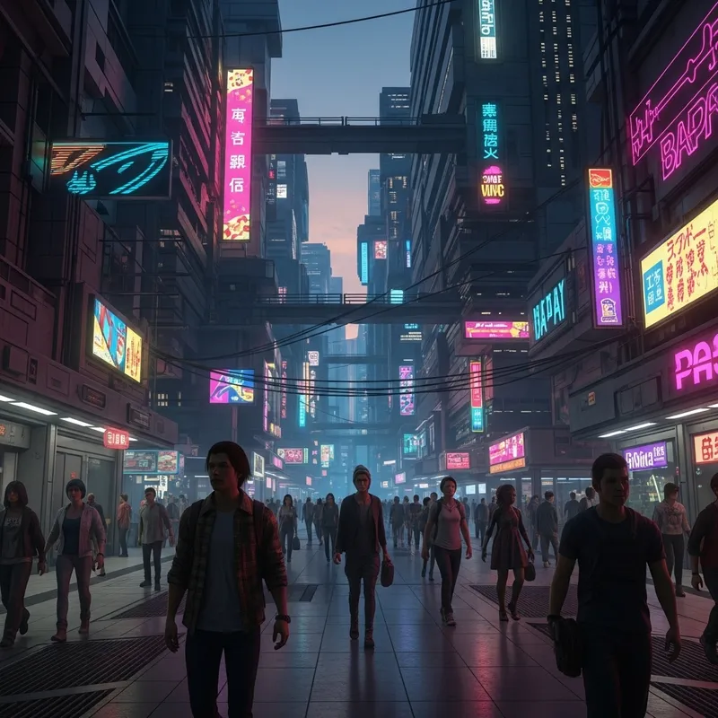 Neon Cyberpunk Cityscape - Energetic Dusk View