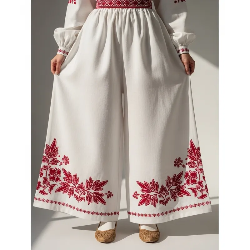 Russian Style White Linen Sharovary Trousers