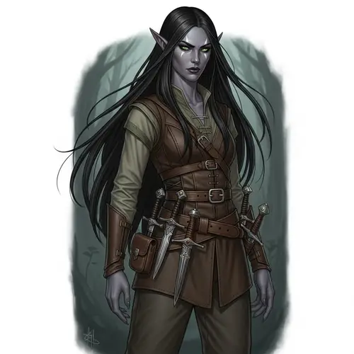 Dark Elf Woman with Long Black Hair and Green Eyes