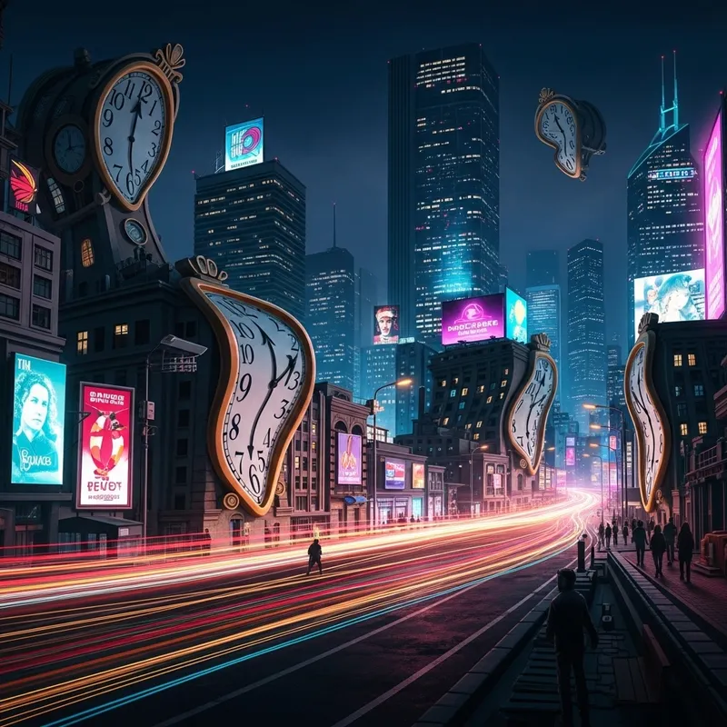 Surreal Cyberpunk City Nightscape: Dali-inspired Architectural Distortions