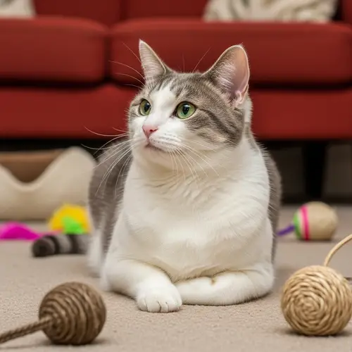 Adorable Grey and White Cat Relaxing in Cozy Room