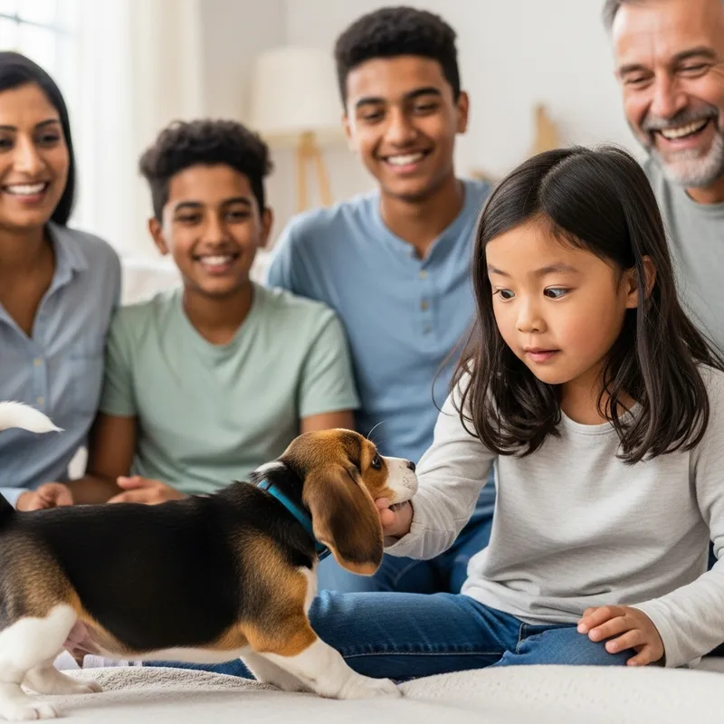 Adorable Beagle Puppy Playing with Young Girl While Family Enjoys