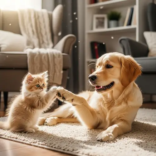 Adorable Persian Kitten and Golden Retriever Puppy Interaction