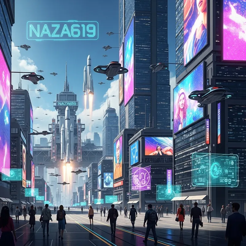 NAZA619: High-Tech Sci-Fi City with Flying Vehicles & Digital Interfaces