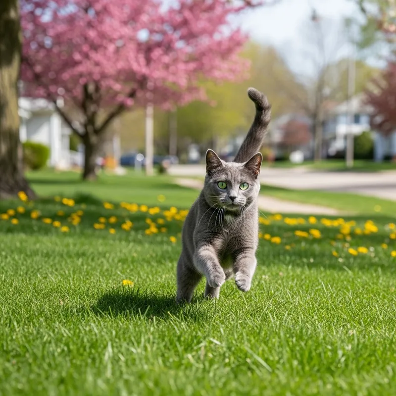 Grey Domestic Cat Running Away in Sunlit Neighborhood