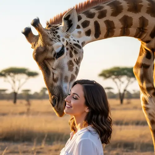 Giraffe Kisses Brunette Woman - Heartwarming Moment