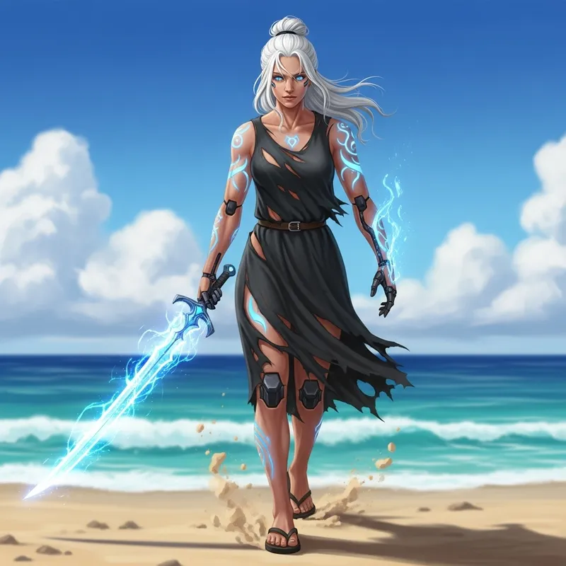 Cybernetic Warrior with Spectral Sword in Flip Flops