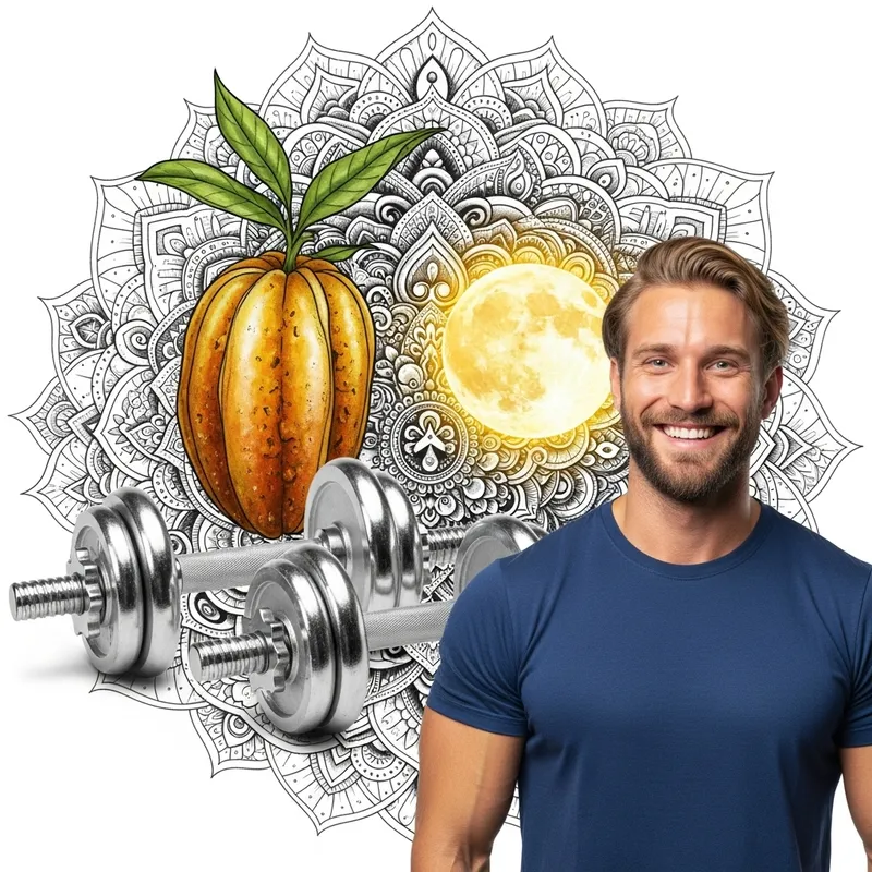 Mandala Holistic Life Fruit Moon Dumbbells Strong Smiling Man
