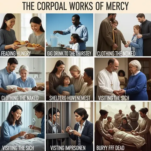Illustrated Acts of Mercy: Feeding, Clothing, Sheltering, Visiting, Burying
