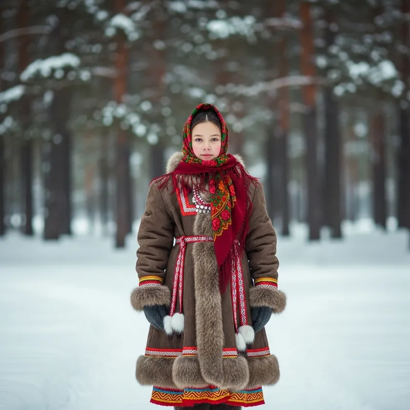 Brave Siberian Girl in Traditional Attire | Snowy Landscape