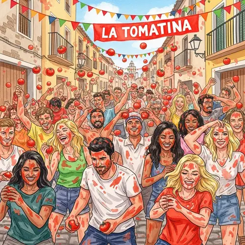 Vibrant Watercolor Illustration of La Tomatina Spanish Festival