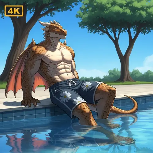 Male Dragon Demi-Human Lounging by Pool in 4K Resolution
