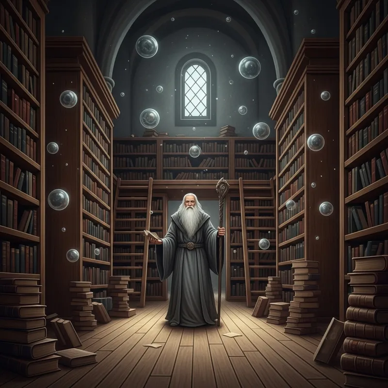 Gandalf Surrounded by Books in Enchanting Library