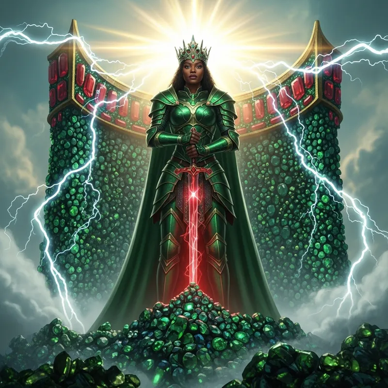 Black Woman's Majestic Power: Emerald & Ruby Armor on Gemstone Mountain