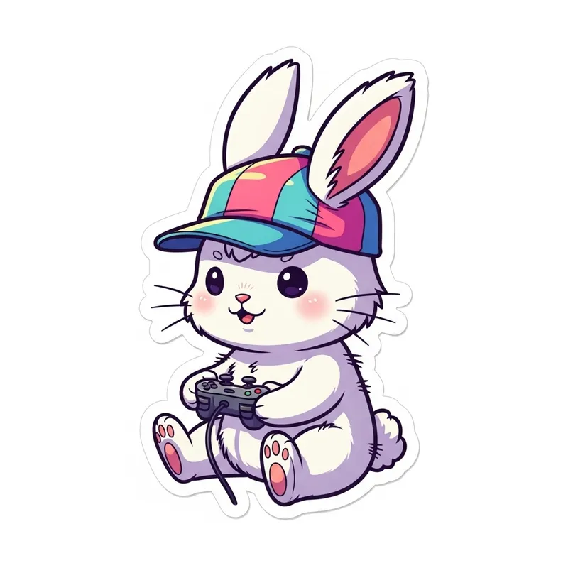 Cute Cartoon White Rabbit Playing with Game Controller