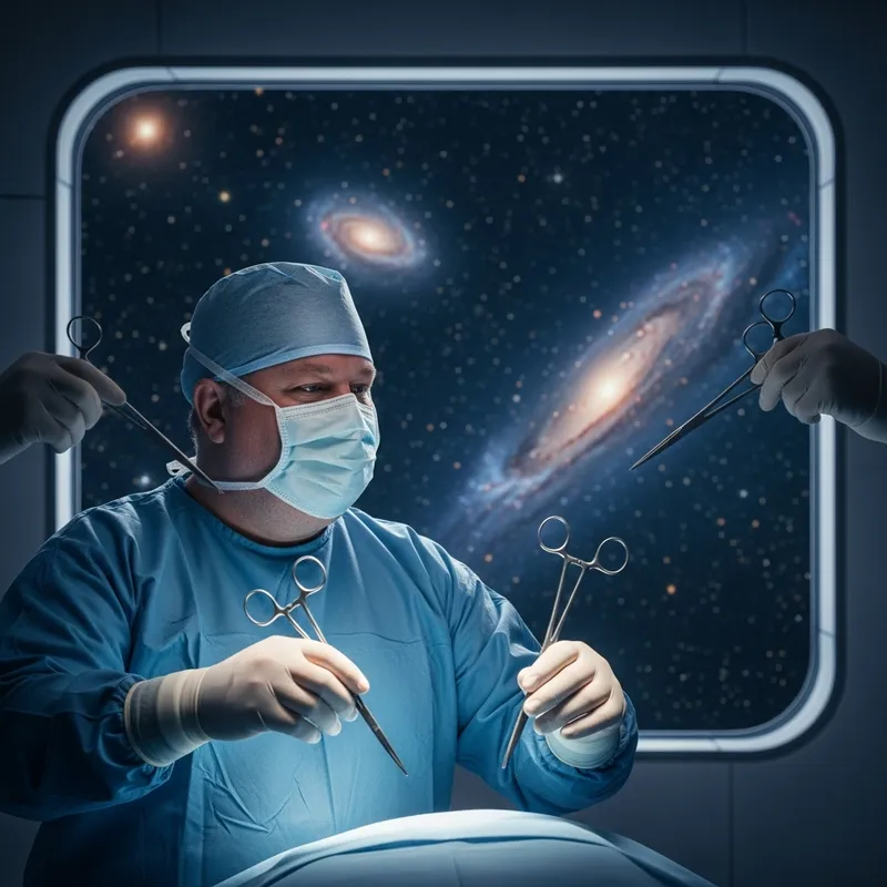 Space Surgery: Zero-Gravity Operation by Skilled Male Surgeon Space Surgery: Zero-Gravity Operation by Skilled Male Surgeon